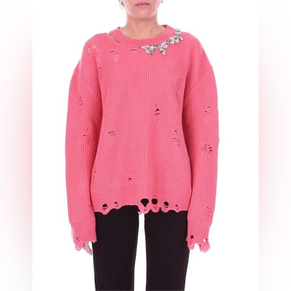 Pinko distressed ribbed knit sweater with a crystal-embellished collar - Picture 7 of 16